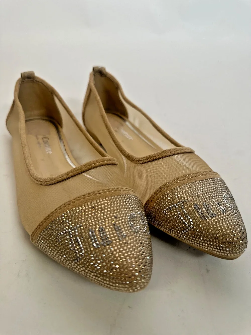 Juicy Couture Rhinestone Logo Mesh Flats Size 10 Nude Pointed Toe Ballet Flats